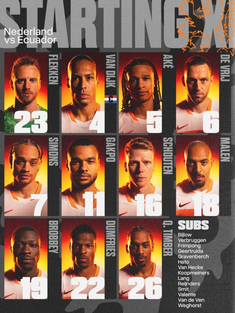 荷蘭友誼賽首發(fā)：范戴克坐鎮(zhèn)防線 加克波西蒙斯領(lǐng)銜攻擊線