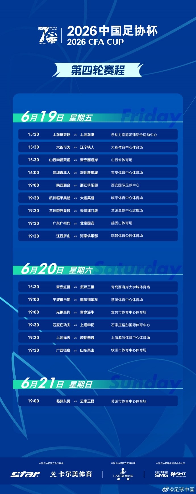 足協(xié)杯第4輪賽程出爐 16支中超隊(duì)6月19-21日全面出擊