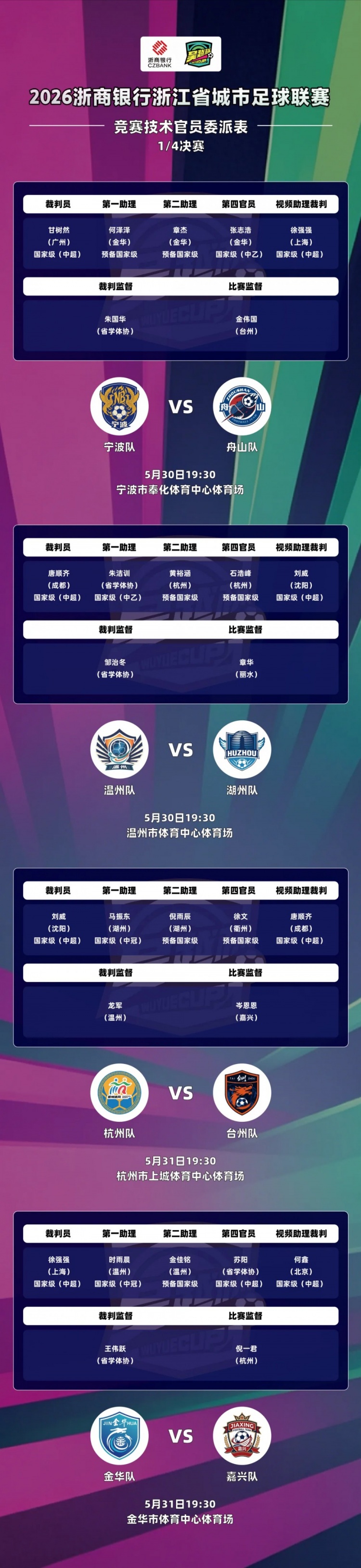 吳越杯四分之一決賽外省中超裁判全覆蓋，唐順齊、甘樹然分別執(zhí)法